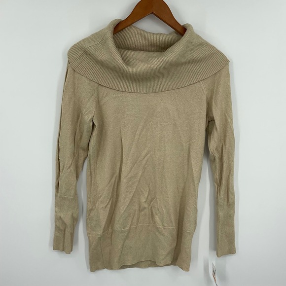 Womens Small Beige Gold Metallic Cowl Neck‎ Sweater Casual Elegant - Picture 8 of 8